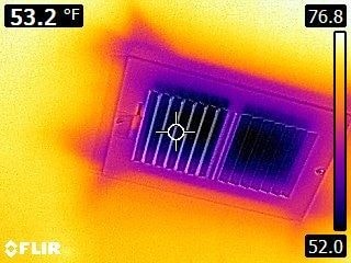 Thermal imaging showing heat distribution — 53.2°F, 76.8, 52.0, FLIR